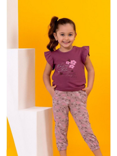 Комплект за момиче от тениска в лилаво и панталонки на цветя
