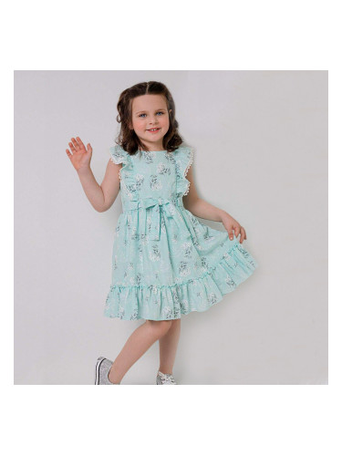 Ежедневна детска рокля с къс ръкав в тюркоаз/мента на цветя 954644