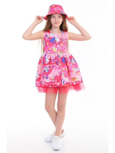 Детска рокля без ръкав в циклама с Пони, шапка и чанта
