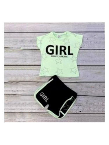 Комплект за момиче от тениска в тюркоаз и къси панталонки в черно