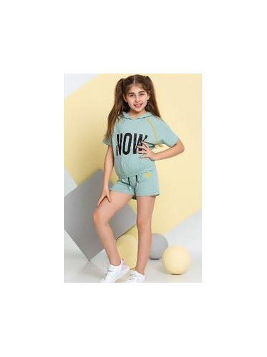 Комплект за момиче от тениска с качулка и къси панталонки в тюркоаз