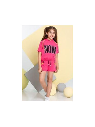 Комплект за момиче от тениска с качулка и къси панталонки в циклама