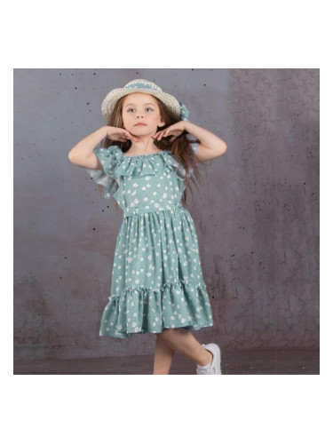 Ежедневна детска рокля с къс ръкав на цветя в тюркоаз с шапка
