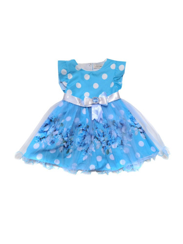 Ежедневна детска рокля с къс ръкав в светлосиньо на цветя с тюл 324526