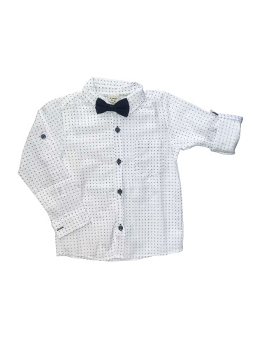 Официална детска риза с дълъг ръкав в бяло с орнаменти и папийонка в т