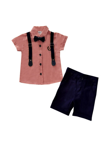 Комплект от риза в розово с къс ръкав, къси панталони, тиранти и папий