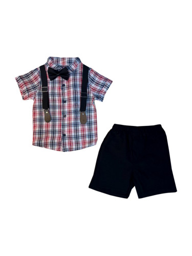 Комплект от карирана риза с къс ръкав, къси панталони в черно, тиранти