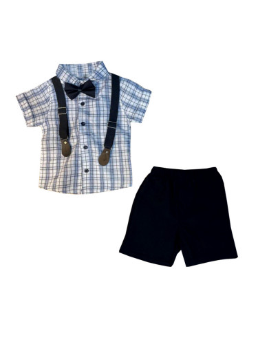 Комплект от карирана риза с къс ръкав, къси панталони, тиранти и папий