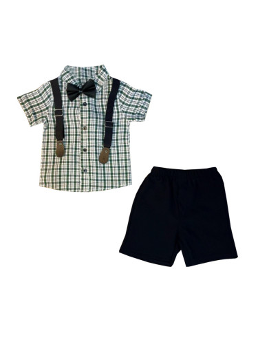 Комплект от карирана риза в зелено и бяло с къс ръкав, къси панталони,