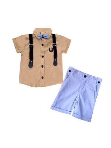 Комплект от риза в бежово с къс ръкав, къси панталони в светлосиньо, т