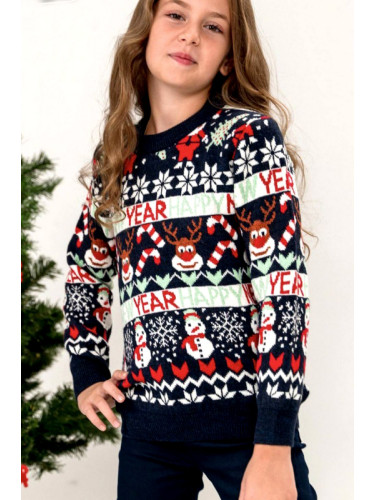 Детски коледен пуловер в тъмносиньо и бяло за момиче 235752