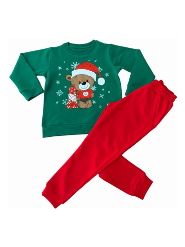 Коледен ватиран комплект от 2 части панталон в червено и блуза в зелен