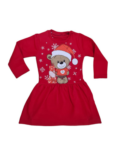 Ватирана коледна детска рокля с дълъг ръкав с мече