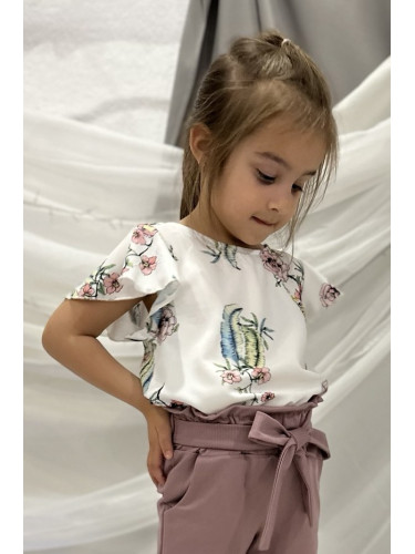 Блуза за момиче в бяло с къс ръкав и десен на цветя 46648644