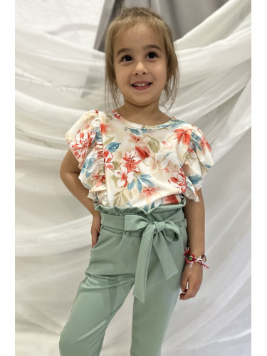 Блуза за момиче в бяло с къс ръкав и къдрици с десен на цветя 5867768