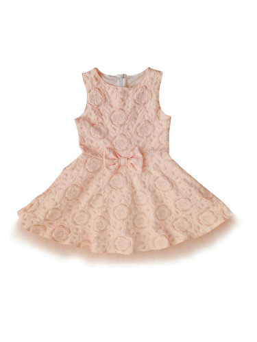 Официална детска рокля без ръкав в прасковено на цветя с дантела и тюл