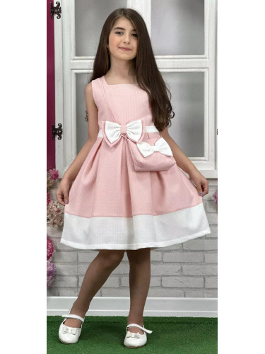 Официална или ежедневна детска рокля в розово с панделка в розово и ч
