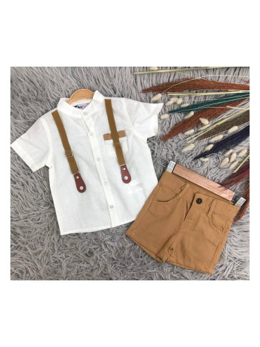 Комплект от панталон и тиранти в бежово, риза в бяло с джобче 55743465