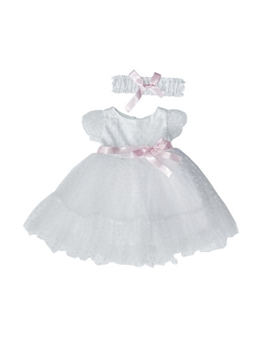 Официална детска рокля с дантела на точки и тюл в бяло с коланче от са