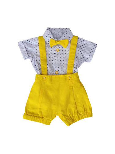 Бебешки комплект от риза в бяло с орнаменти, гащеризон и папийонка в ж