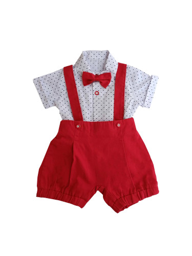 Бебешки комплект от риза в бяло с орнаменти, гащеризон и папийонка в ч