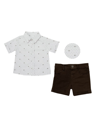 Комплект от риза с къс ръкав в бяло с кафеви орнаменти и къси панталон