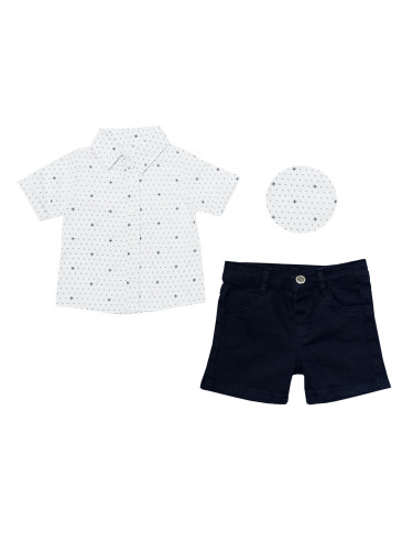 Комплект от риза с къс ръкав в бяло с тъмносини орнаменти и къси панта