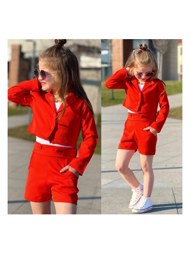 Детски сет за момиче в червено от къси панталонки с джобчета, късо сак