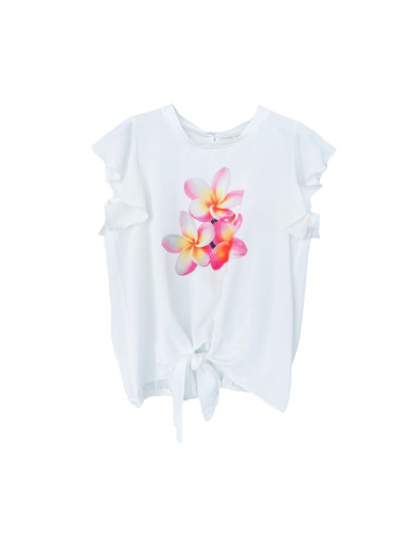 Лятна туника за момиче в екрю с къс ръкав с къдрички и цветя в топли ц