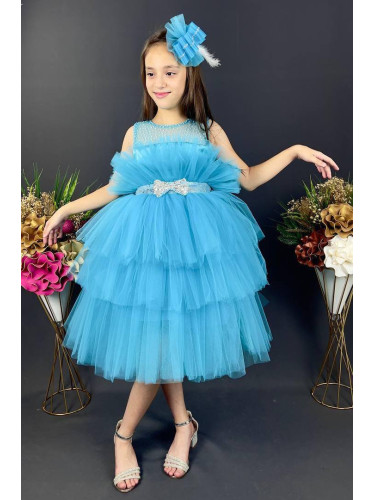 Официална детска рокля Фрея - без ръкав с богат тюл в синьо и панделка