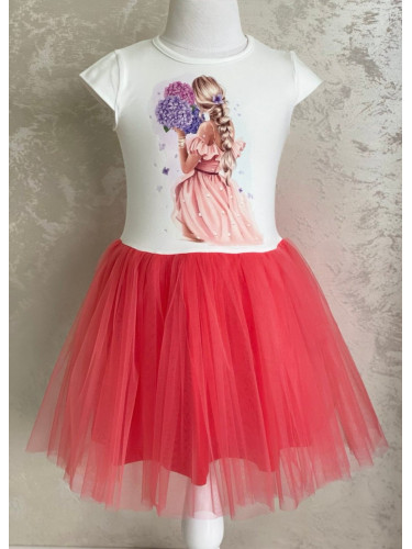 Ежедневна детска рокля с къс ръкав в бяло и корал с момиче и цветя 95