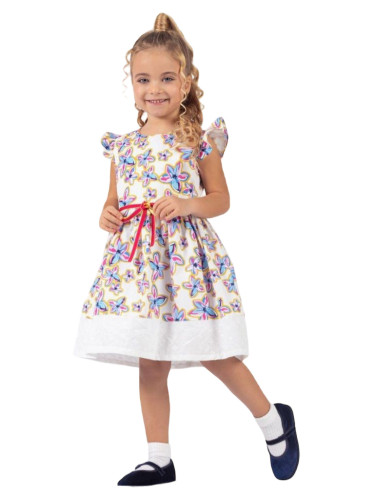 Ежедневна детска рокля с къс ръкав с къдрици в екрю на цветя