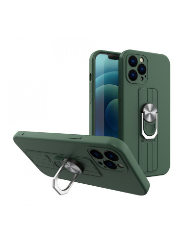 Силиконов гръб с държач-стойка Ring - iPhone 12 Pro тъмнозелен