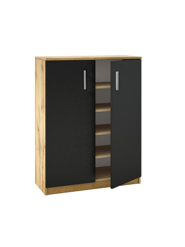 ШКАФ ЗА ОБУВКИ ЛЕОНАРДО 83/35/107 СМ В ТЕКСТУРА ДЪБ ВОТАН И ЧЕРЕНО С РЕЛЕФЕН ФЛАДЕР