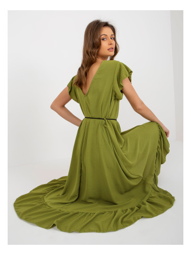 Olive dress with ruffle and braided belt