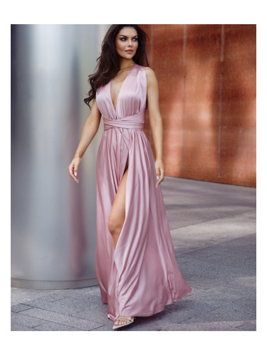 Satin maxi dress with a neckline in many ways dirty pink