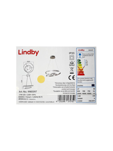 Lindby - LED Димируем пендел SMART VERIO LED/27W/230V + д.у.