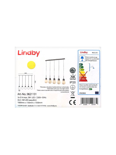 Lindby - LED Димируем пендел BADO 5xLED/5W/230V