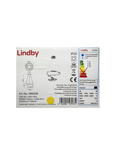 Lindby - LED Димируем пендел VERIO LED/230V + д.у.