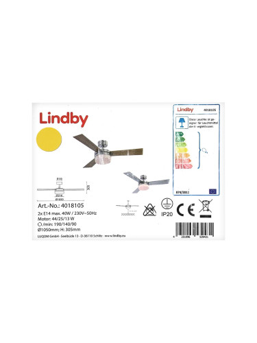 Lindby - Вентилатор за таван ALVIN 2xE14/40W/230V