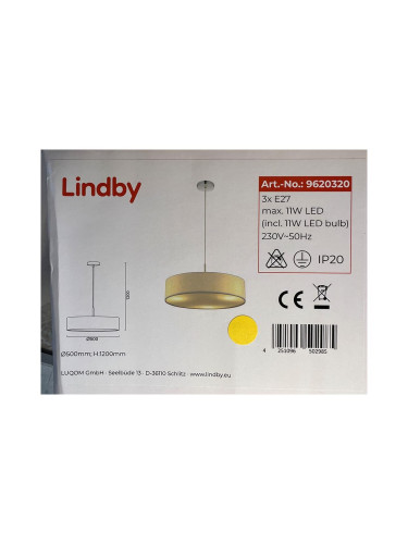 Lindby - Пендел SEBATIN 3xE27/11W/230V