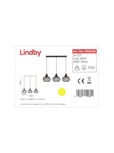 Lindby - Пендел FRANCES 3xE27/60W/230V