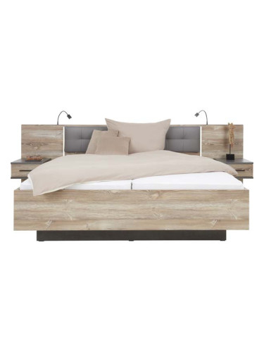 ЛЕГЛО ШАНТОН ЗА МАТРАК 180/200 С НОЩНИ ШКАФЧЕТА, ТАПИЦИРАНА ТАБЛА И LED ОСВЕТЛЕНИЕ БОР И ТЪМНО СИВО