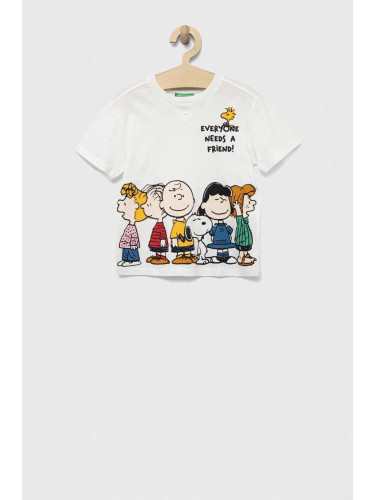 Детска памучна тениска United Colors of Benetton x Peanuts в бяло с принт