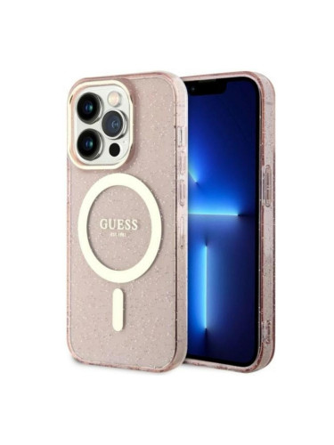 Оригинален кейс Guess Glitter Gold MagSafe, За iPhone 14 Pro Max (6.7), Розов