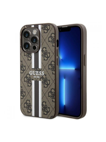 Оригинален кейс Guess 4G Printed Stripes MagSafe, За iPhone 14 Pro (6.1), Кафяв