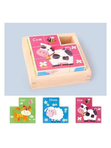Дървена игра с кубчета тетрис - Домашни животни
