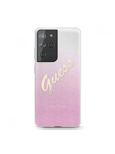 Поликарбонатен гръб Guess Glitter Gradient Script за Samsung Galaxy S21 Ultra, розов, GUHCS21LPCUGLSPI