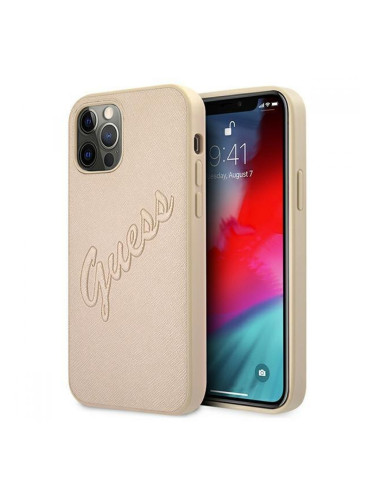 Гръб Guess Saffiano Vintage Script за iPhone 12/12 Pro, GUHCP12MRSAVSLG, златен