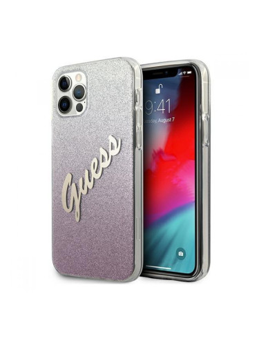 Поликарбонатен гръб Guess Glitter Gradient Script за iPhone 12 Pro Max, розов, GUHCP12LPCUGLSPI